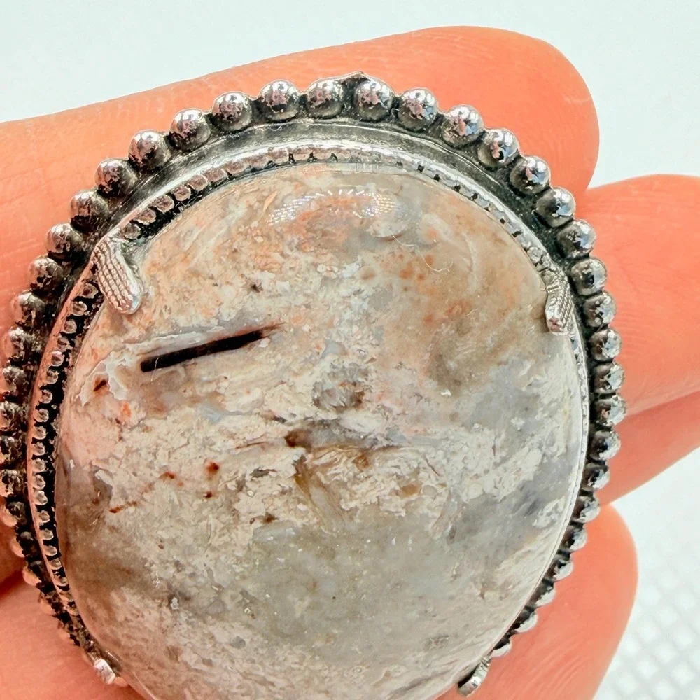 Vintage Agate Brown Stone Oval Brooch w/ Silver Tone Border